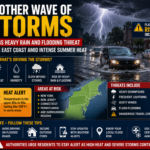 Another Wave of Storms Brings Heavy Rain and Flooding Threat to the East Coast Amid Intense Summer Heat