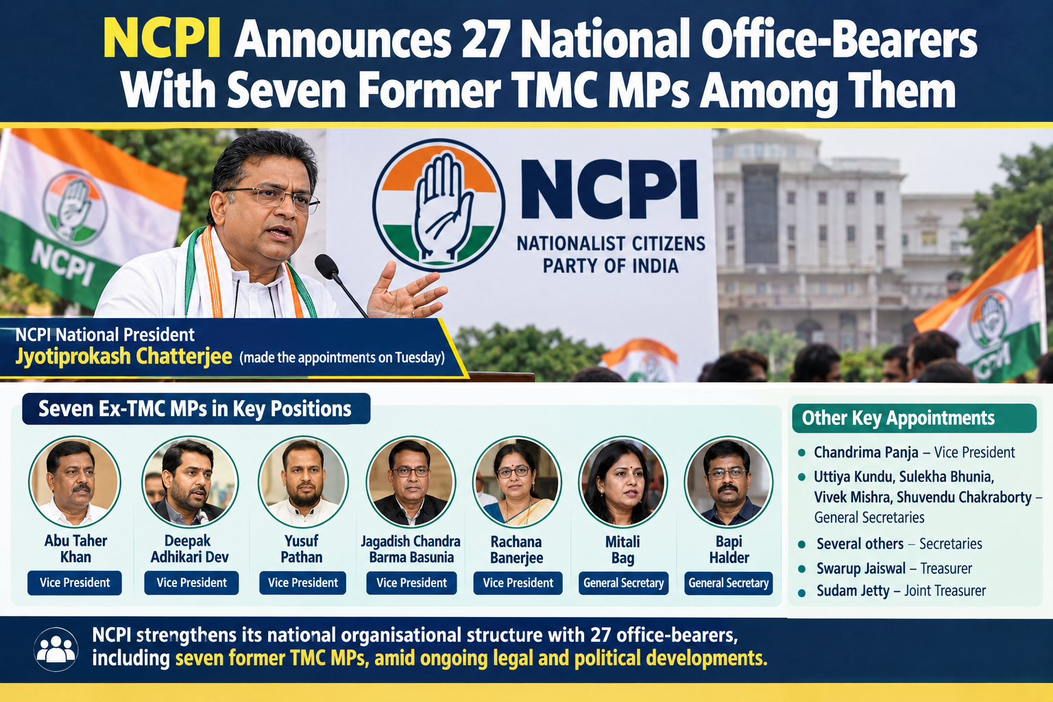 NCPI Announces 27 National Office-Bearers With Seven Former TMC MPs Among Them