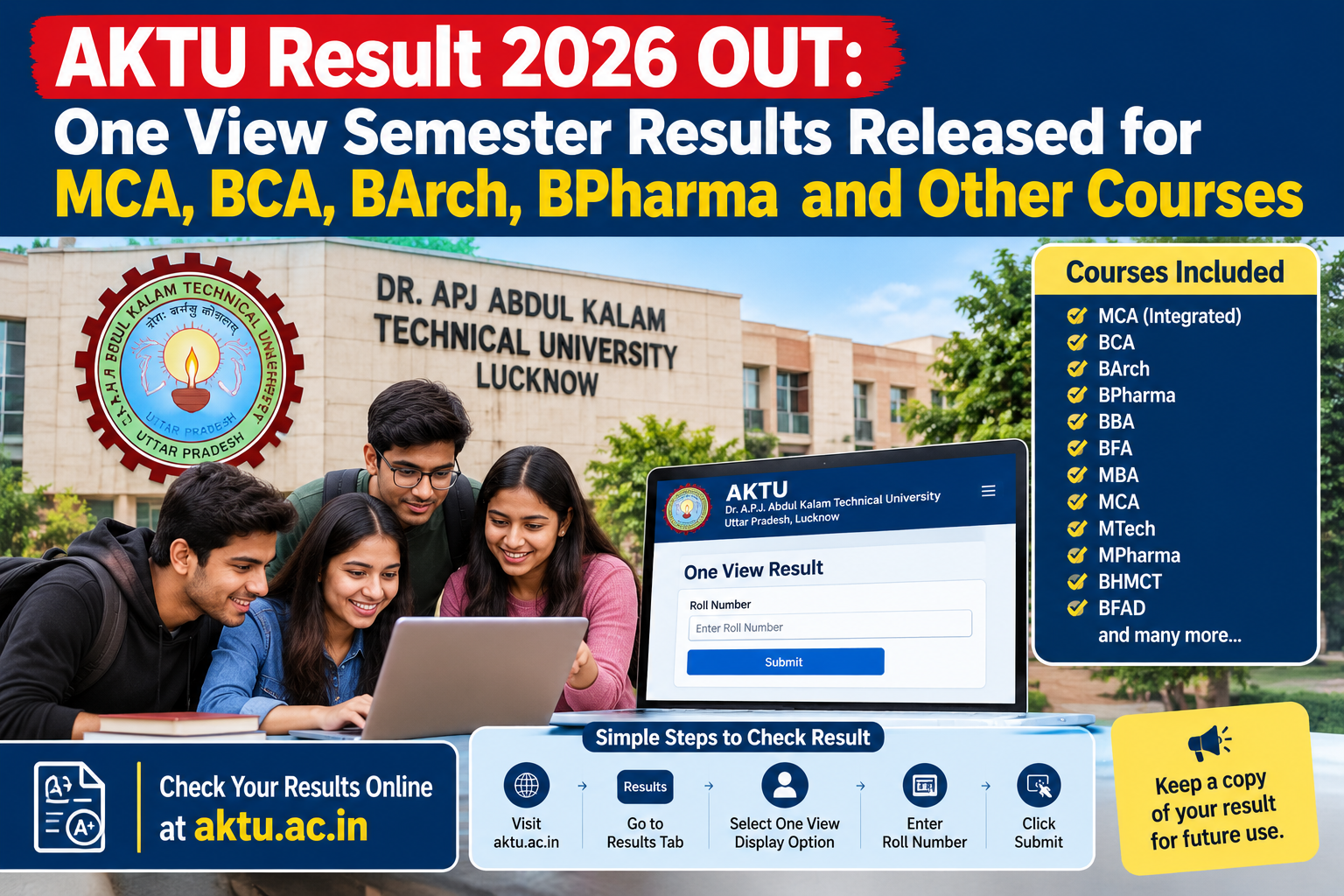 AKTU Result 2026 OUT: One View Semester Results Released for MCA, BCA, BArch, BPharma and Other Courses