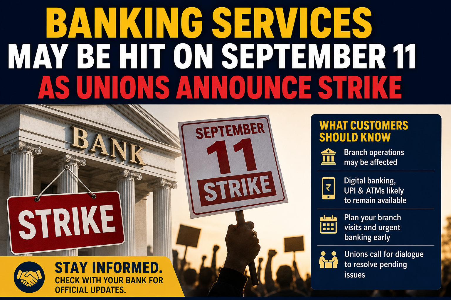 Banking Services May Be Hit on September 11 as Unions Announce Strike