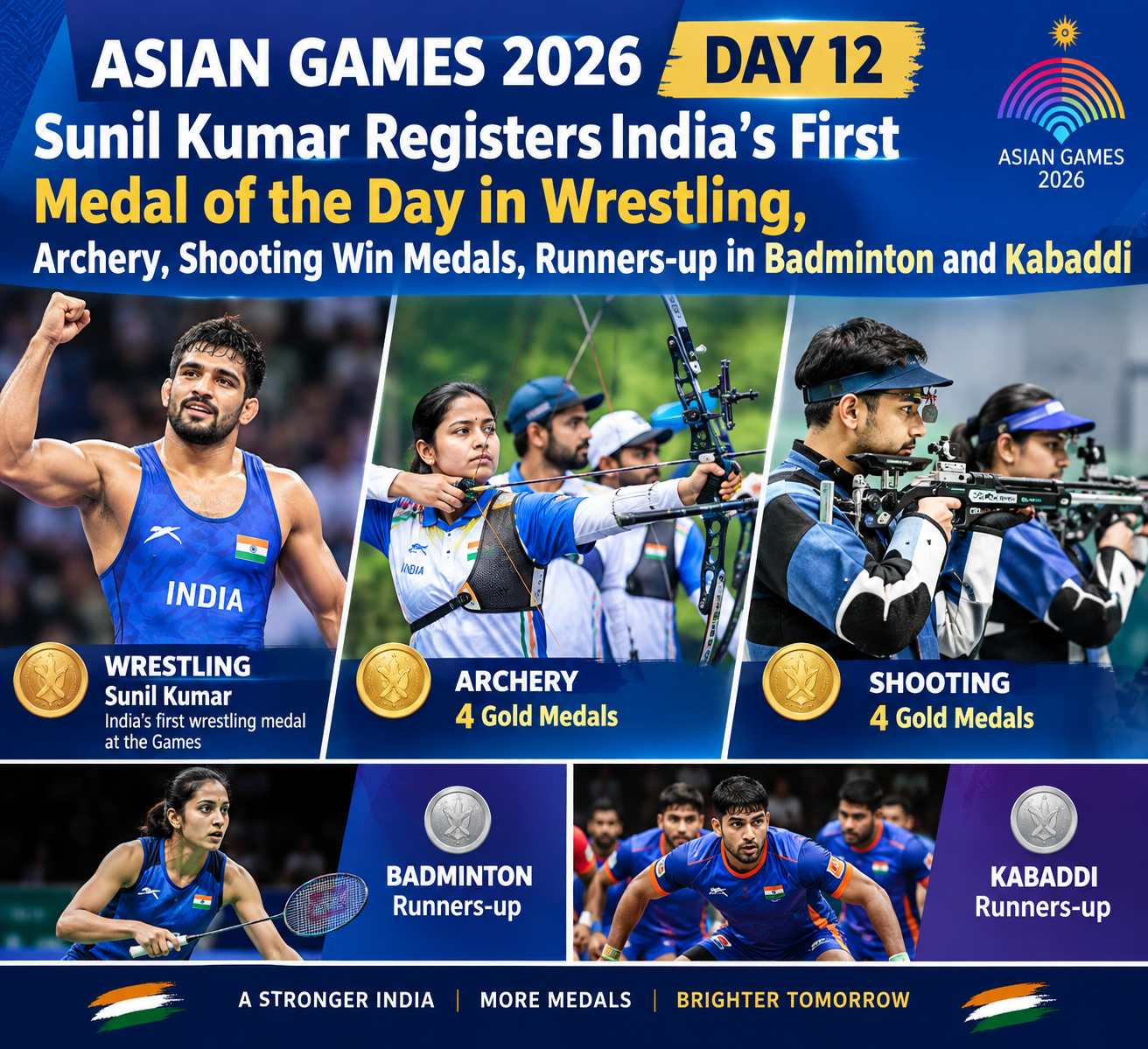 Asian Games 2026 Day 12: Sunil Kumar Registers India’s First Medal of the Day in Wrestling, Archery, Shooting Win Medals, Runners-up in Badminton and Kabaddi