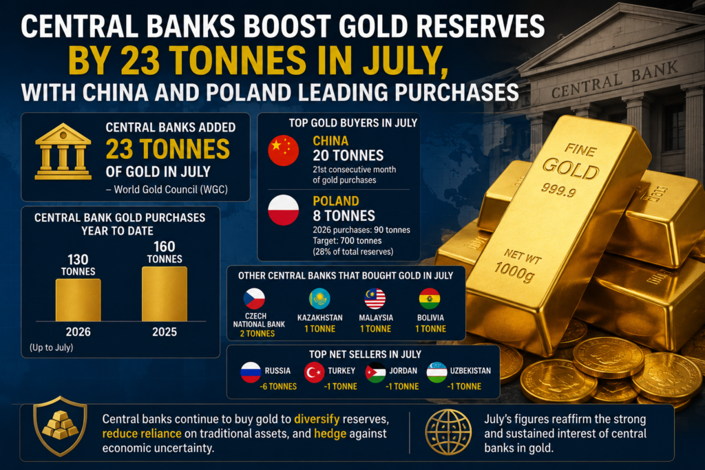 Central Banks Boost Gold Reserves by 23 Tonnes in July, With China and Poland Leading Purchases