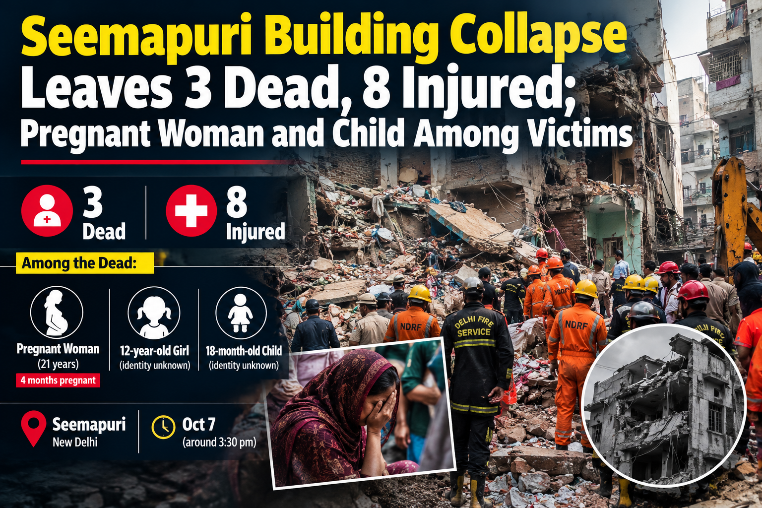 Seemapuri Building Collapse Leaves 3 Dead, 8 Injured; Pregnant Woman and Child Among Victims 