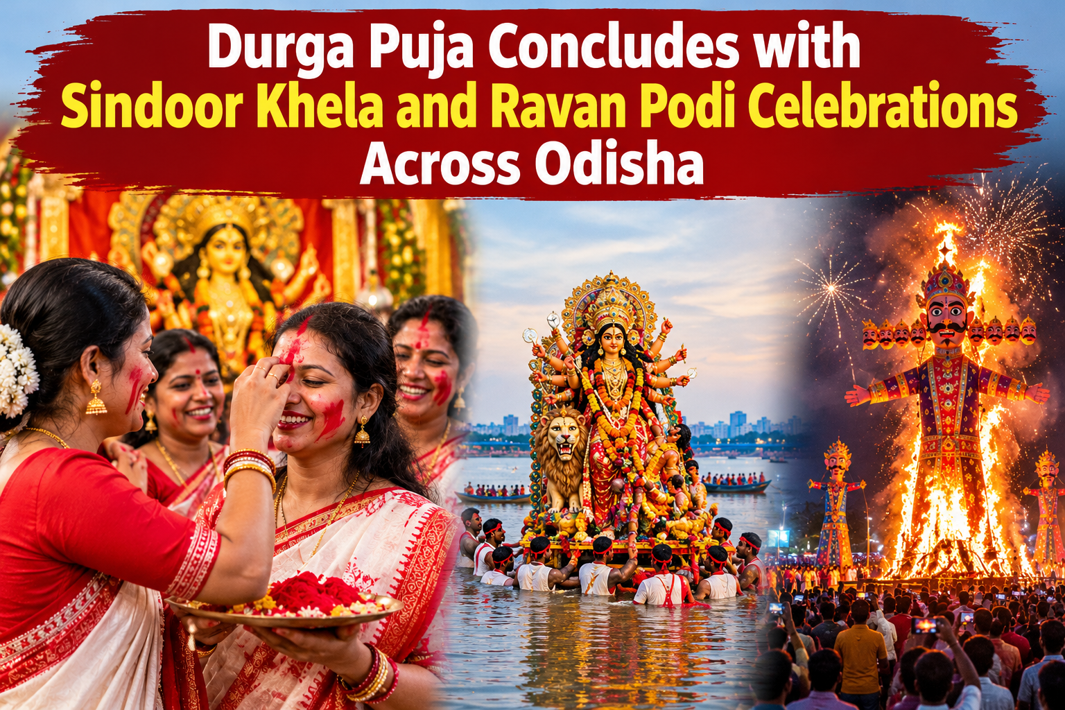 Durga Puja Concludes with Sindoor Khela and Ravan Podi Celebrations Across Odisha
