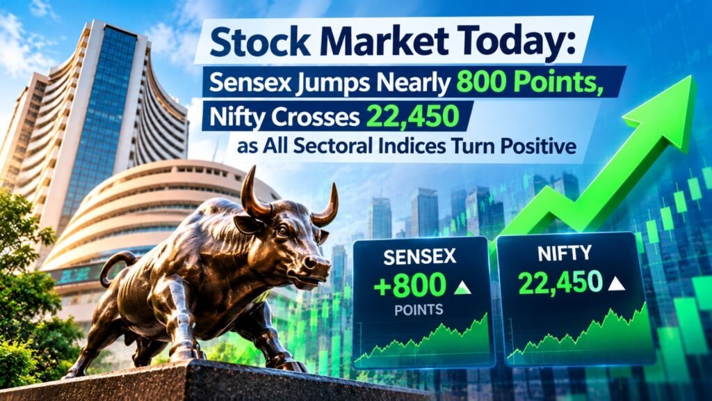 Stock Market Today: Sensex Jumps Nearly 800 Points, Nifty Crosses 22,450 as All Sectoral Indices Turn Positive 
